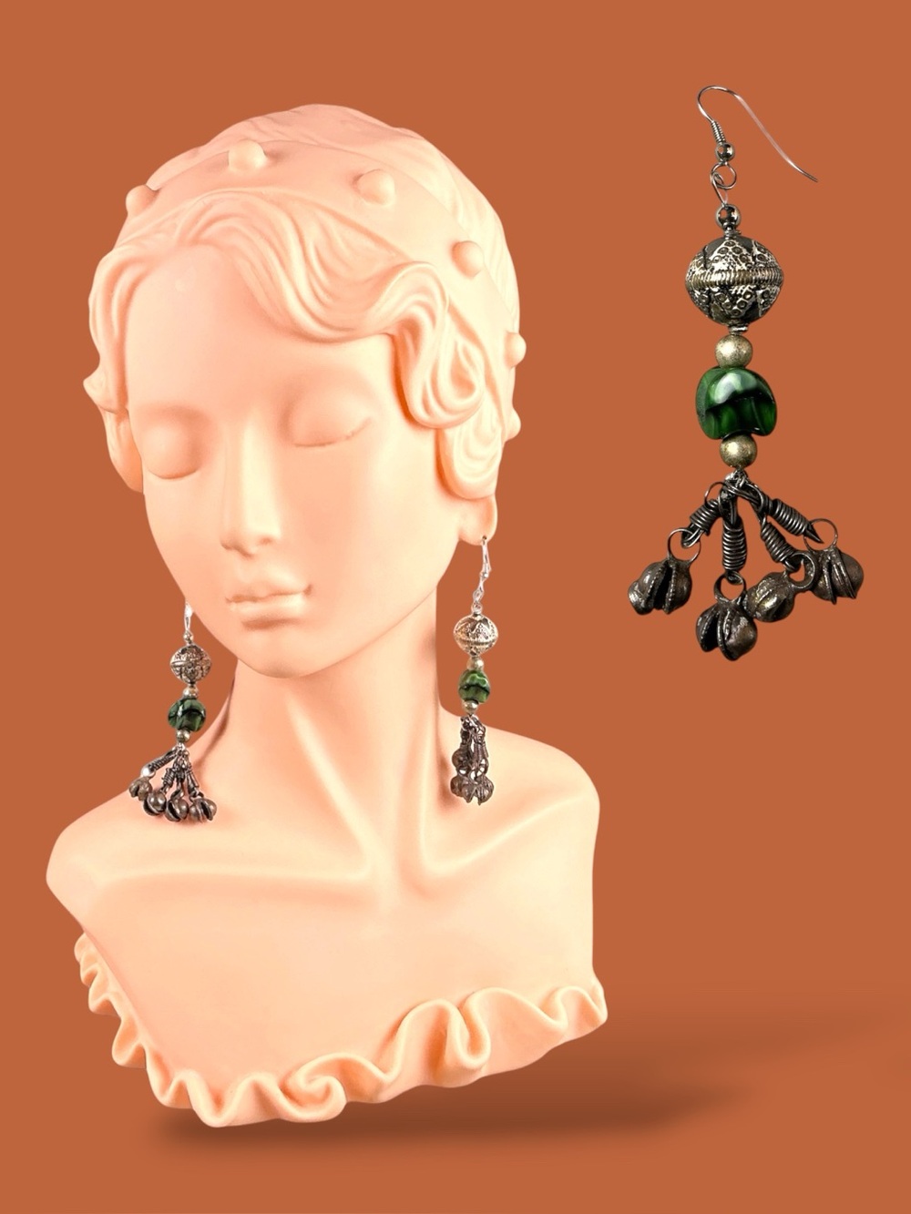 Vintage Earrings Silver Green Swirl Glass Bead Tribal Ghungroo Bell Dangle Boho